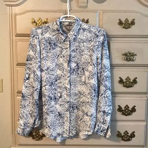 Blue and white full button blouse